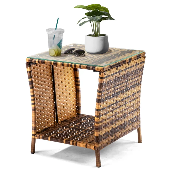 [Replace old code: 21936583] Glass Surface Yellow Gradient Iron Frame Rattan Side Table view 5