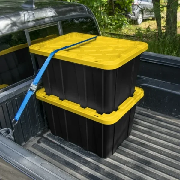 Large Storage Bin, 27 Gallon Durable Plastic Storage Tote with Snap-On Lid, Black and Yellow, 6 Pack view 5