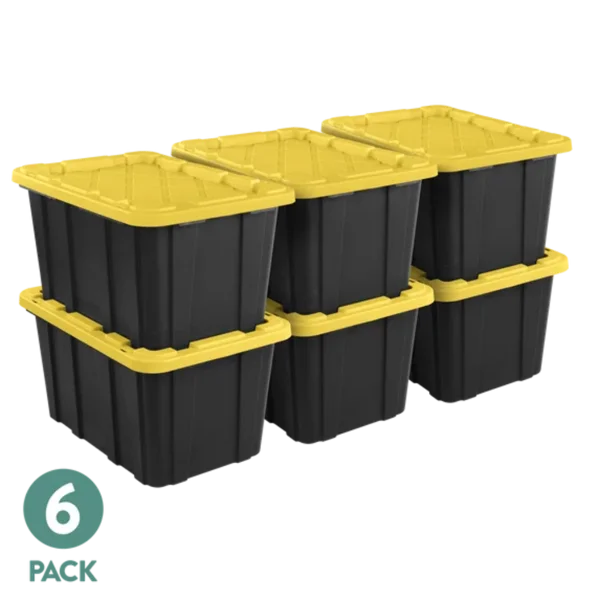 Large Storage Bin, 27 Gallon Durable Plastic Storage Tote with Snap-On Lid, Black and Yellow, 6 Pack
