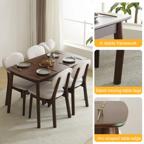 Rubber wood soft bag deep walnut dining table and chair set 1 table 4 chairs beige cushion rectangular view 6
