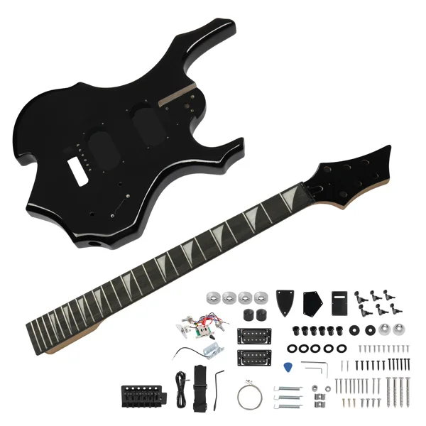 DIY 6 String Flame Shaped Style HSH Electric Guitar Kits with Mahogany Body, Maple Neck and Accessories Black view 2
