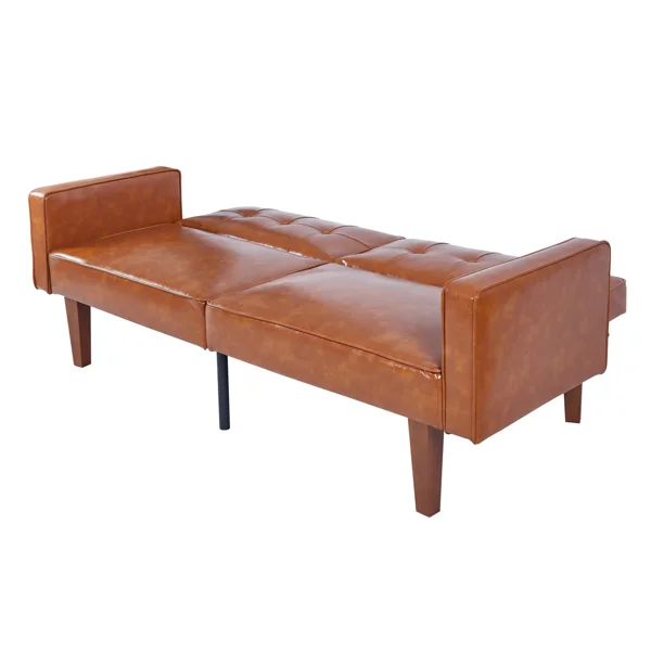 Modern PU Leather Futon Sofa with Tufted Backrest, Adjustable Reclining Couch with Wood & Metal Legs, Mid-Century Style Sofa for Living Room view 2