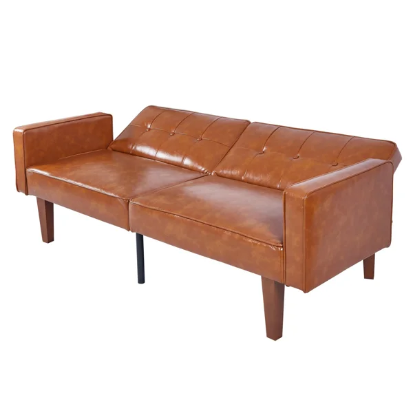 Modern PU Leather Futon Sofa with Tufted Backrest, Adjustable Reclining Couch with Wood & Metal Legs, Mid-Century Style Sofa for Living Room view 4
