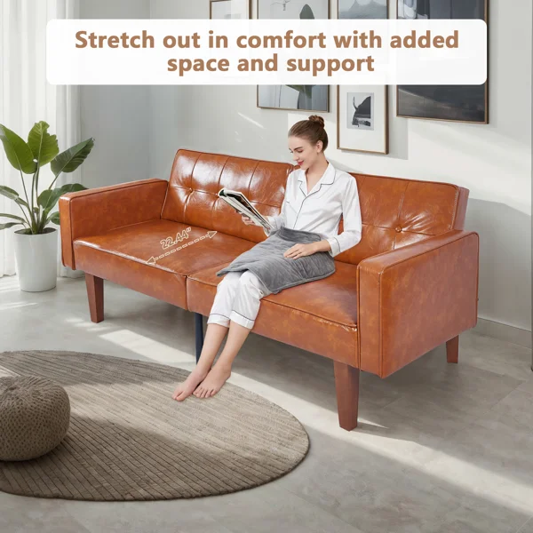 Modern PU Leather Futon Sofa with Tufted Backrest, Adjustable Reclining Couch with Wood & Metal Legs, Mid-Century Style Sofa for Living Room view 6
