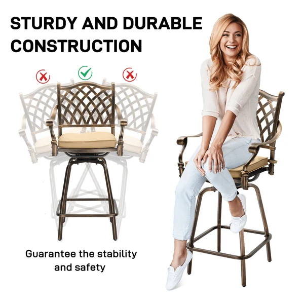Outdoor Swivel Bar Stools Set of 2, Cast Aluminum Patio Bar Height Chairs, All-Weather Bar Dining Chairs Outdoor Swivel Chairs Furniture (Grid Back) view 5
