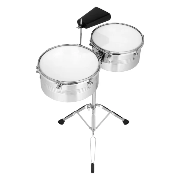 Percussion 13" & 14" Timbales Drum Set with Stand and Cowbell Silver view 2