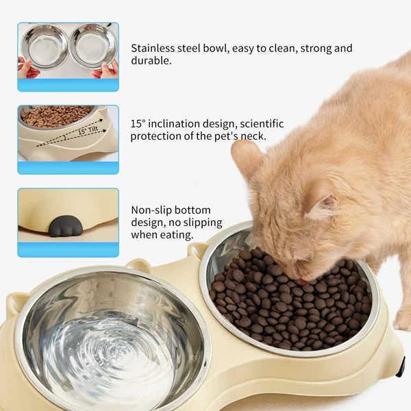 Anti slip base double cat food bowl, gray stainless steel food and water bowl, easy to clean and detachable design, cat and dog pet feeder view 5