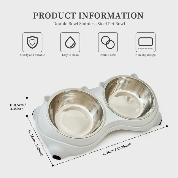 Anti slip base double cat food bowl, gray stainless steel food and water bowl, easy to clean and detachable design, cat and dog pet feeder