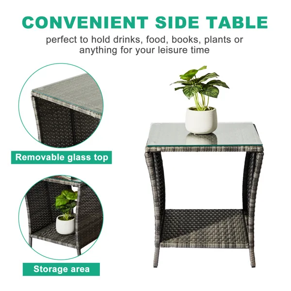 Outdoor Patio Wicker Side Table, Square End Table Bistro Coffee Table with Glass Top Storage Shelf for Porch Garden Backyard Grey view 6