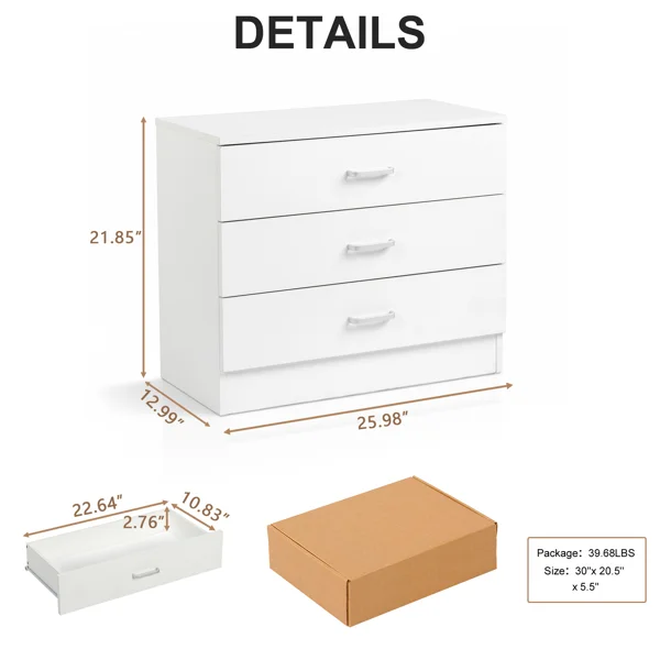 3-Drawer P2 Particleboard Bedside Table with Melamine Finish Drawer Cabinet Lockers 25.98*12.99*22.05in White =75682614 view 3