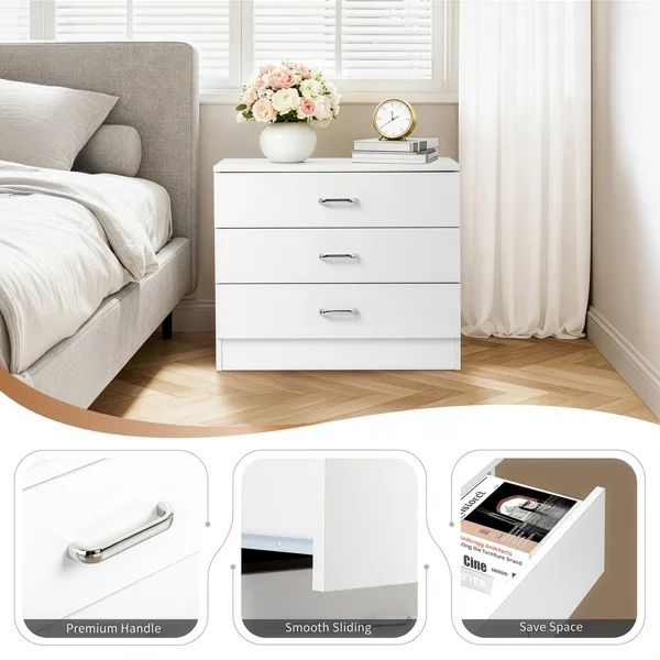 3-Drawer P2 Particleboard Bedside Table with Melamine Finish Drawer Cabinet Lockers 25.98*12.99*22.05in White =75682614 view 6