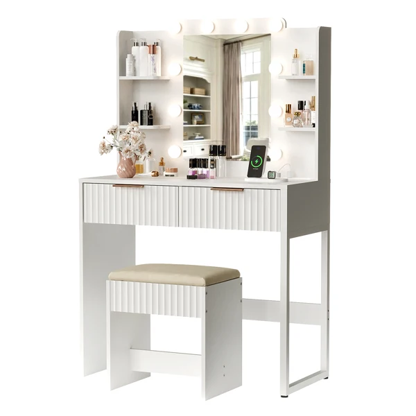 White particleboard with a melamine finish, 2 drawers, 4 shelves, a dressing table set with 10 three-tone light bulbs, a power strip, and a grille. view 2