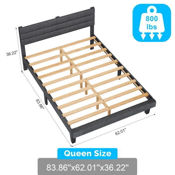 Dark Gray Queen Size Tufted Platform Bed Frame - Linen-Like Upholstery, Horizontal Stripe Headboard view 4