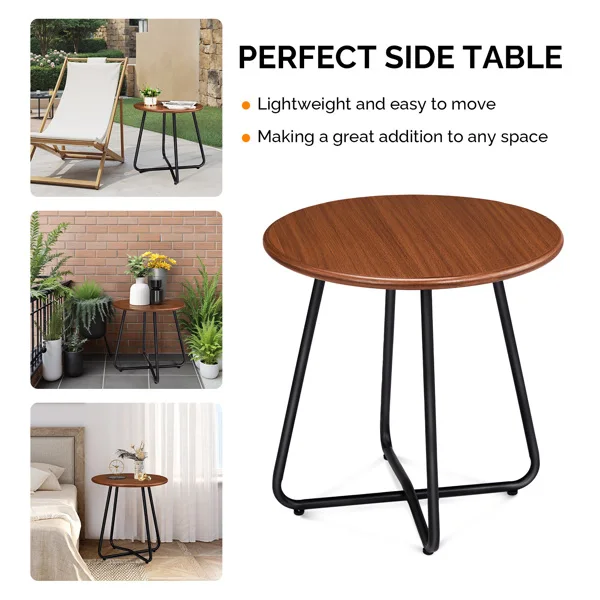 Outdoor Side Table with Imitation Wood Tabletop, Weather Resistant Patio Side Table, Round Outdoor End Table for Patio Yard Balcony Garden view 6