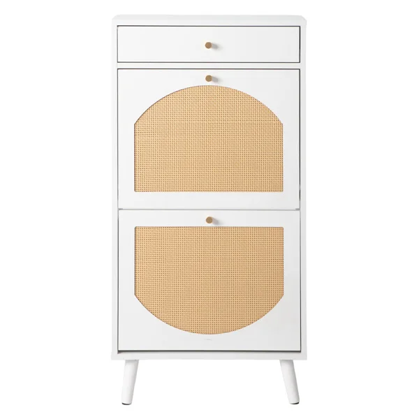 Rattan-front shoe cabinet with 1 drawer and 2 flip-down compartments, particleboard, 54*24*110cm, white view 2