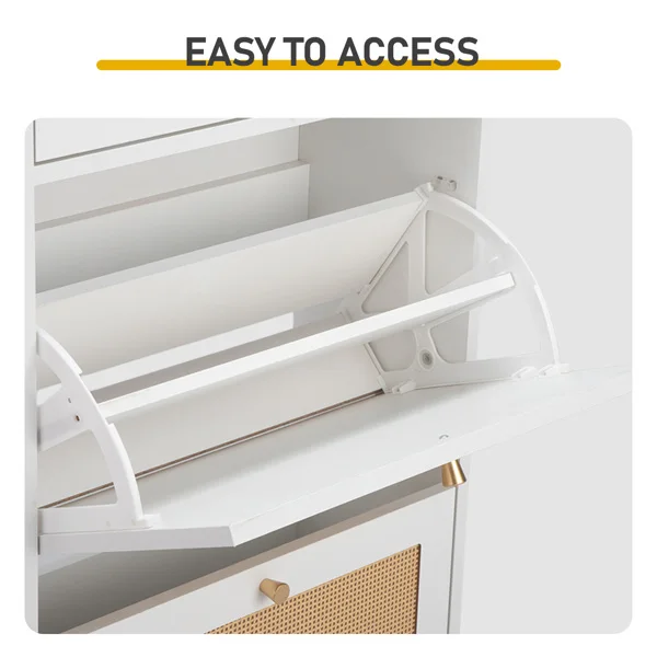 Rattan-front shoe cabinet with 1 drawer and 2 flip-down compartments, particleboard, 54*24*110cm, white view 5