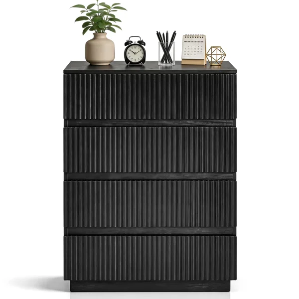 Handleless Grille-Finished 4-Drawer Bedside Table P2 Particleboard + MDF & Melamine Veneer + Thermoformed Drawer Dresser 23.62*14.96*30.71in Black view 2