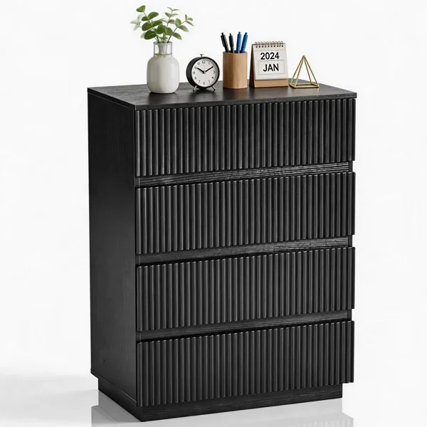 Handleless Grille-Finished 4-Drawer Bedside Table P2 Particleboard + MDF & Melamine Veneer + Thermoformed Drawer Dresser 23.62*14.96*30.71in Black view 3