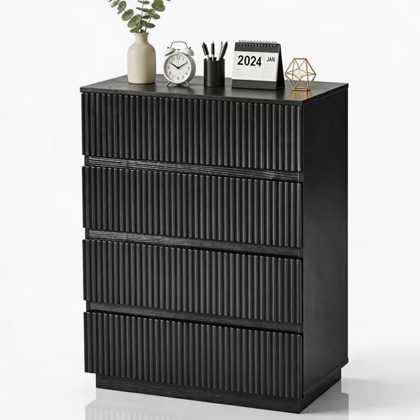 Handleless Grille-Finished 4-Drawer Bedside Table P2 Particleboard + MDF & Melamine Veneer + Thermoformed Drawer Dresser 23.62*14.96*30.71in Black view 4