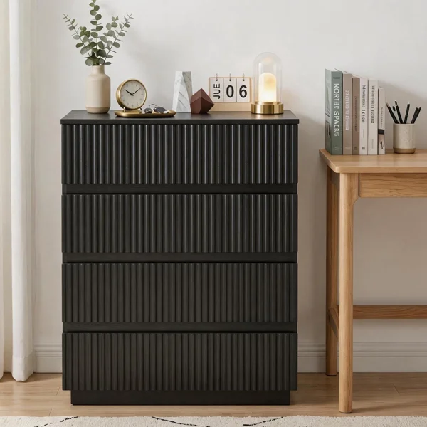 Handleless Grille-Finished 4-Drawer Bedside Table P2 Particleboard + MDF & Melamine Veneer + Thermoformed Drawer Dresser 23.62*14.96*30.71in Black