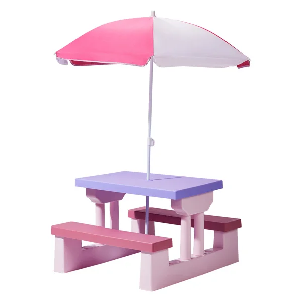 Kids Outdoor Table and Chair Sets with Removable Umbrella, Kids Picnic Table for Backyard Garden Patio, Pink & Purple