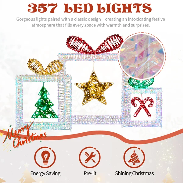 Set of 3 Lighted Iridescent Cut-out Gift Box Christmas Decorations, Pre-lit Holiday Decor with 357 White LED Lights for Xmas Outdoor Indoor Decor Lighted Holiday Displays view 4