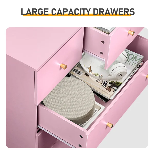 25.98"*15.75"*51.57" (L*W*D) 6-tier 7-Drawer Cabinet Drawer Dresser with Gold Handles Macaron Pink view 5