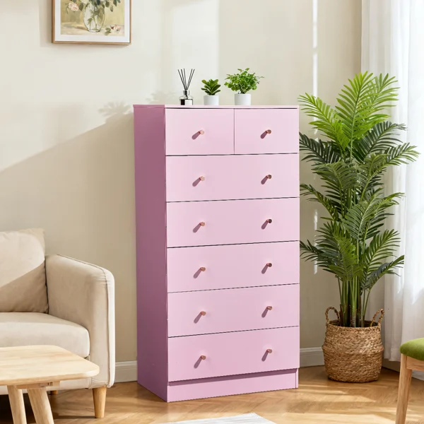 25.98"*15.75"*51.57" (L*W*D) 6-tier 7-Drawer Cabinet Drawer Dresser with Gold Handles Macaron Pink view 6
