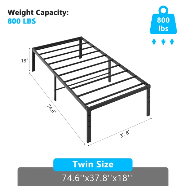 Black Twin Size Simple Basic Platform Metal Bed Frame - 18 Inch Bed Height