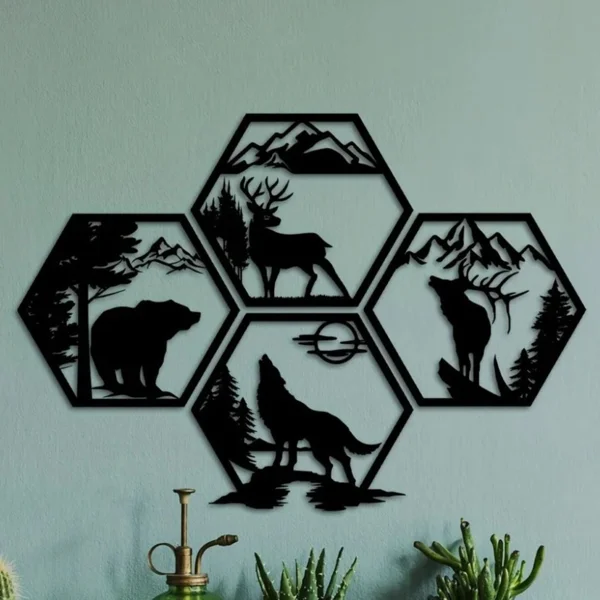 CIFbuy™ Iron Hexagon Forest Animal Wall Art Set, Rustic Outdoor Style Wall Hanging, Nature Theme Home Decor view 5