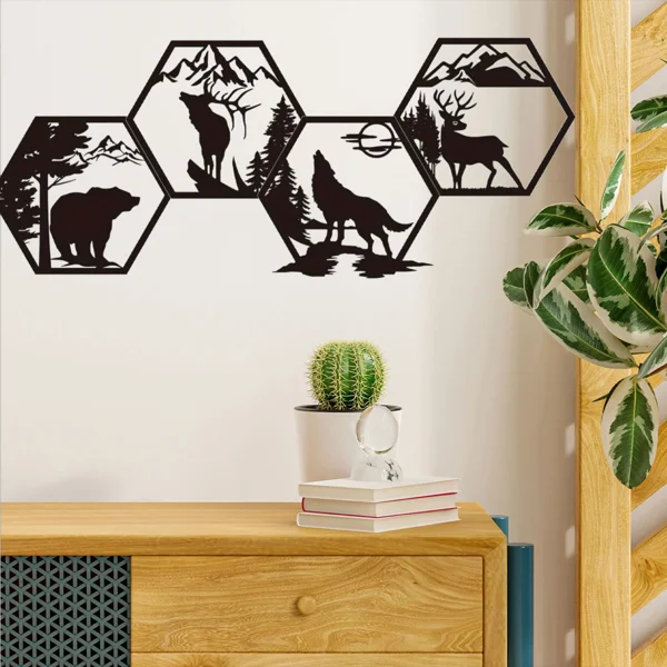CIFbuy™ Iron Hexagon Forest Animal Wall Art Set, Rustic Outdoor Style Wall Hanging, Nature Theme Home Decor view 6