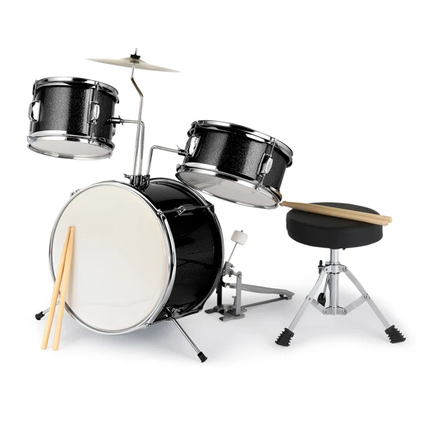 14"x10" 3-Pieces Junior Kids Drum Set Kit Pedal Drum Stick Wrench Drum Stool Black view 2