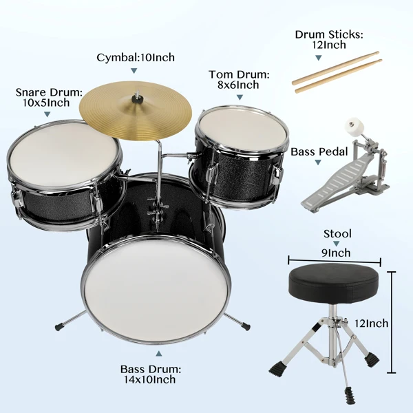 14"x10" 3-Pieces Junior Kids Drum Set Kit Pedal Drum Stick Wrench Drum Stool Black view 5