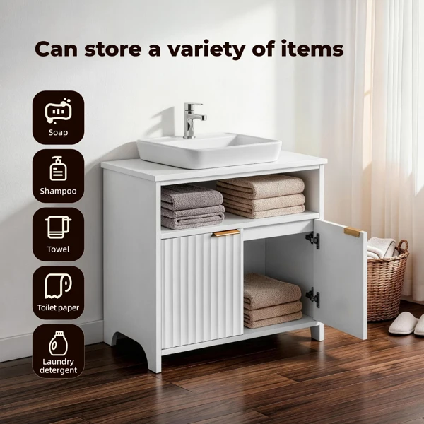 White particleboard with melamine veneer, grille thermoformed, two-door, one-shelf bathroom vanity unit, 60*30*60cm view 4