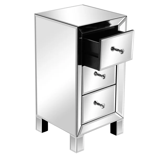 3-Drawer Mirrored Bedside Table MDF Cabinet with Mirrored Drawers Silver view 4