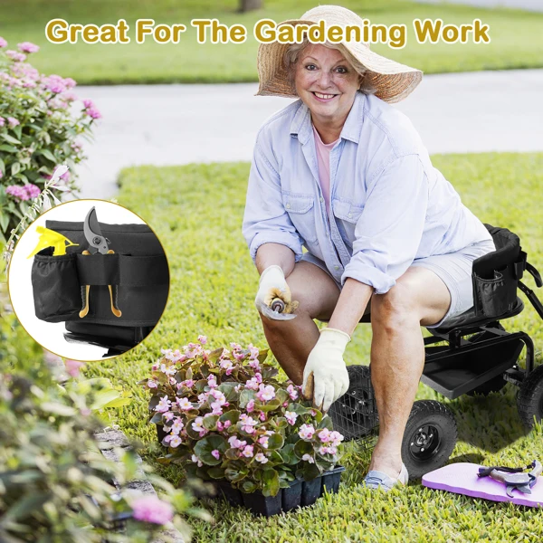 Rolling Garden Cart with Cushioned Backrest & Seat, Outdoor Gardening Stool for Planting, Garden Scooter with 360 Degree Swivel Seat & Steering Handle & Tool Tray, Black view 5