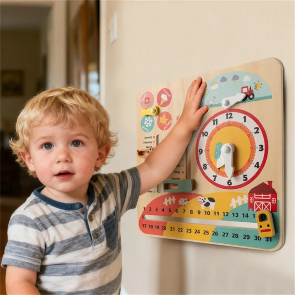 Montessori Wooden Time Learning Clock for Kids 3+, All-in-One Calendar Season Weather Educational Toy view 2