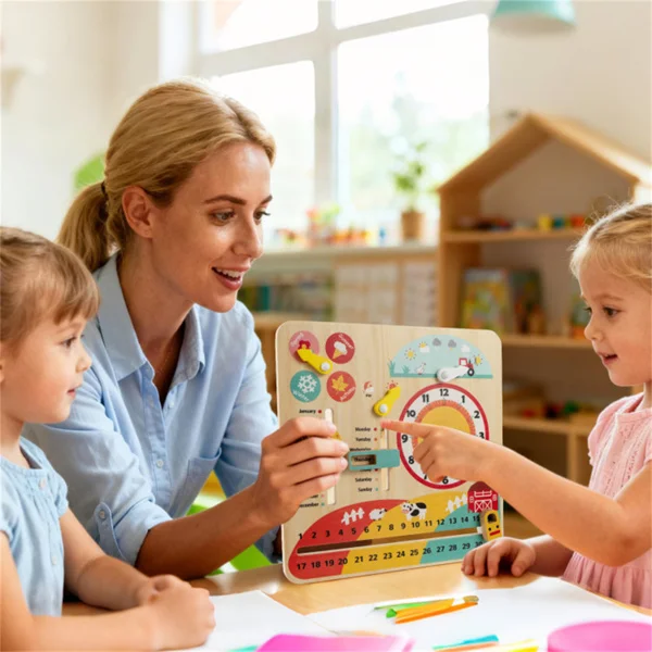 Montessori Wooden Time Learning Clock for Kids 3+, All-in-One Calendar Season Weather Educational Toy view 5