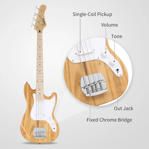 4 String 30in Short Scale Thin Body GB Electric Bass Guitar with Bag Strap Connector Wrench Tool Burlywood view 3