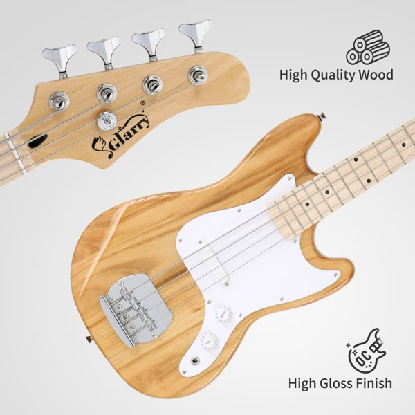 4 String 30in Short Scale Thin Body GB Electric Bass Guitar with Bag Strap Connector Wrench Tool Burlywood view 6