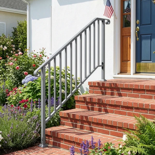 Handrails for Outdoor Steps, Iron Handrail Fits 4 Step, Transitional Handrail with Installation Kit, Silver view 5