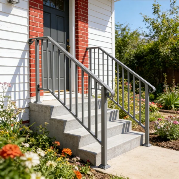 Handrails for Outdoor Steps, Iron Handrail Fits 4 Step, Transitional Handrail with Installation Kit, Silver view 6