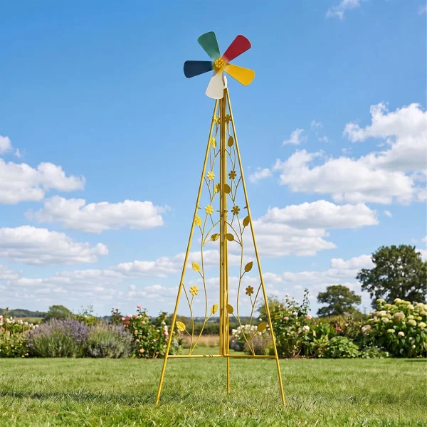 6.2ft Yellow 5-Blade Iron Windmill with Tripod Stand view 6