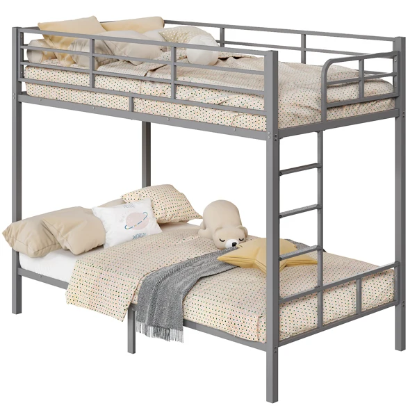 Grey Twin Bunk Bed Square Tube High Guardrail Side Ladder Opening Iron Bed view 4