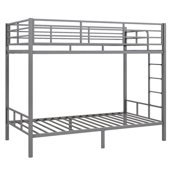 Grey Twin Bunk Bed Square Tube High Guardrail Side Ladder Opening Iron Bed