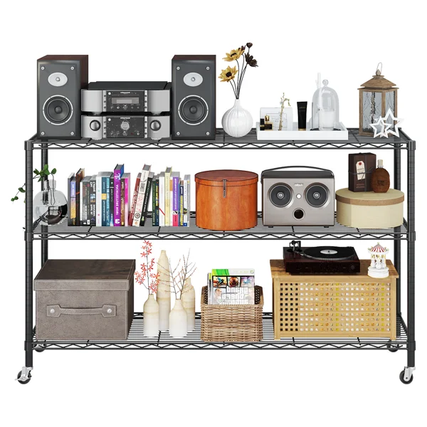 3-tier, adjustable shelf spacing, with adjustable feet and wheels, iron display stand, 117*45*104cm, powder-coated black view 4