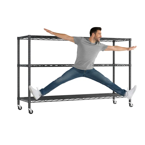 3-tier, adjustable shelf spacing, with adjustable feet and wheels, iron display stand, 117*45*104cm, powder-coated black view 5
