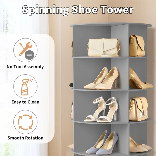 7-tier, 360° rotating wood-plastic composite shoe rack, 60*60*184cm, gray view 5