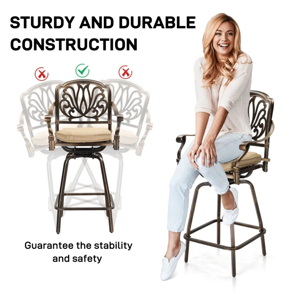 Outdoor Swivel Bar Stools Set of 2, Cast Aluminum Patio Bar Height Chairs, All-Weather Bar Dining Chairs Outdoor Swivel Chairs Furniture (Elizabethan Back) view 6