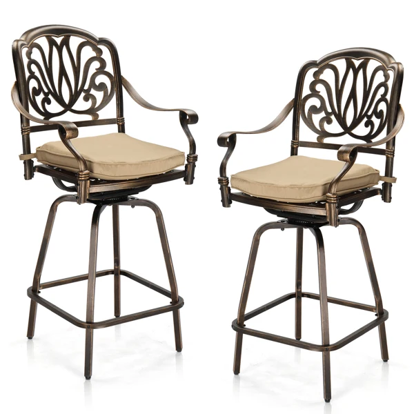 Outdoor Swivel Bar Stools Set of 2, Cast Aluminum Patio Bar Height Chairs, All-Weather Bar Dining Chairs Outdoor Swivel Chairs Furniture (Elizabethan Back)